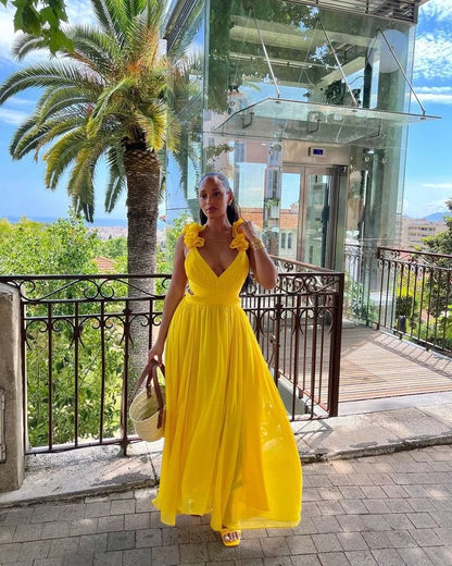 Vibrant A-Line V-Neck Sleeveless Flower-Accent Chiffon Yellow Floor-Length Evening Dress for Women