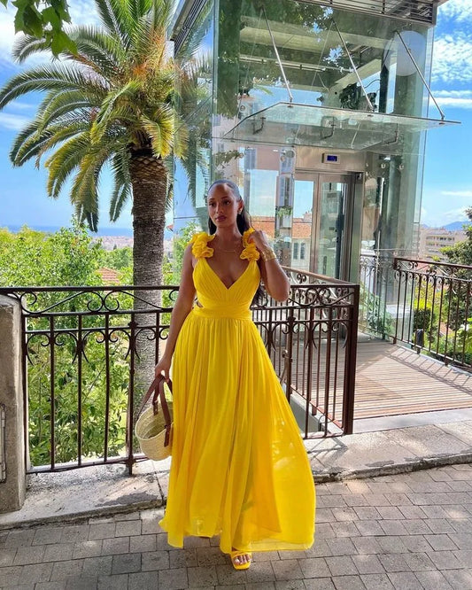Vibrant A-Line V-Neck Sleeveless Flower-Accent Chiffon Yellow Floor-Length Evening Dress for Women