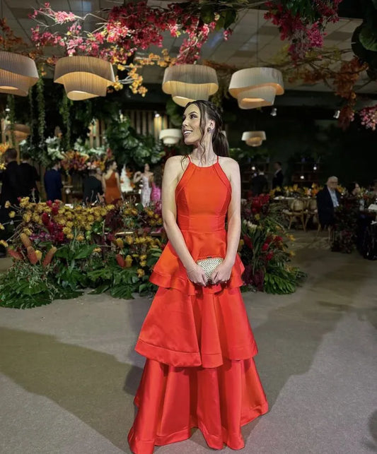 Vibrant A-line Halter-neck Sleeveless Tiered Red Floor-length Prom Dress for Women Ready to Ship