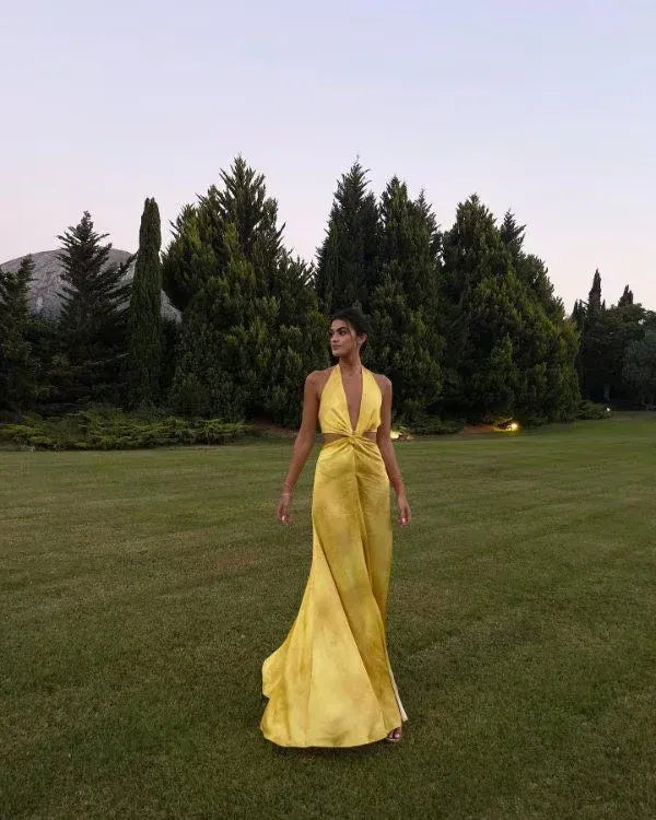 Vibrant A-line Halter Neck Sleeveless Cutout Yellow Maxi Prom Dress for Women Hot Sale