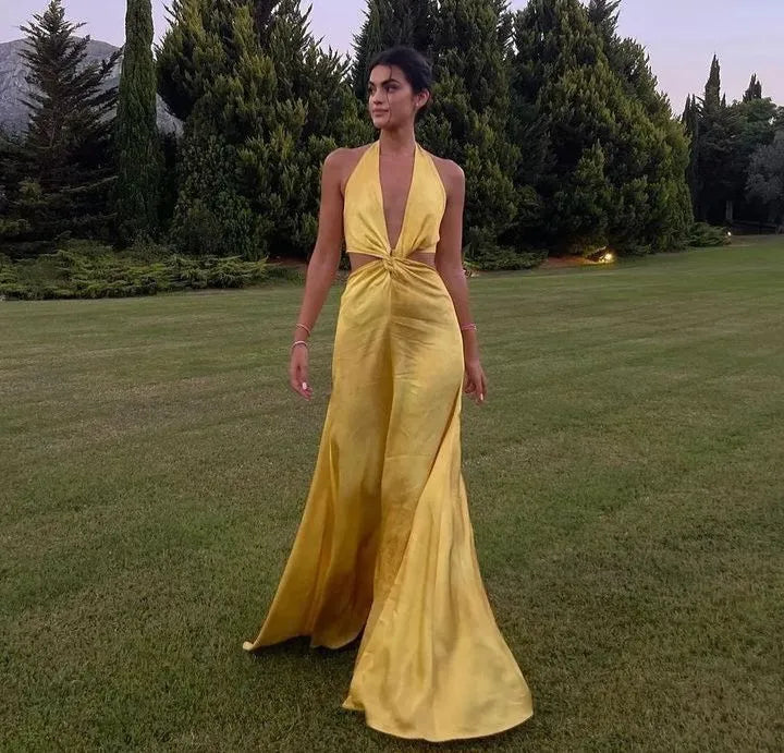 Vibrant A-line Halter Neck Sleeveless Cutout Yellow Maxi Prom Dress for Women Hot Sale