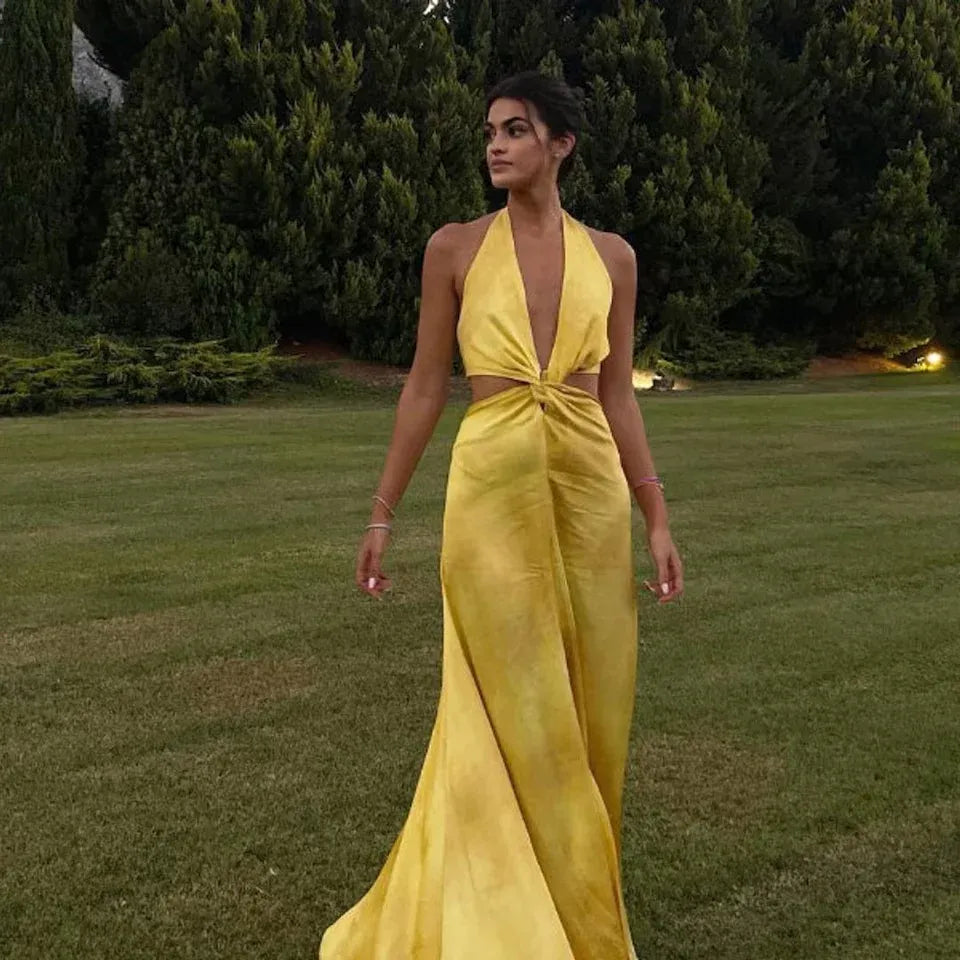 Vibrant A-line Halter Neck Sleeveless Cutout Yellow Maxi Prom Dress for Women Hot Sale