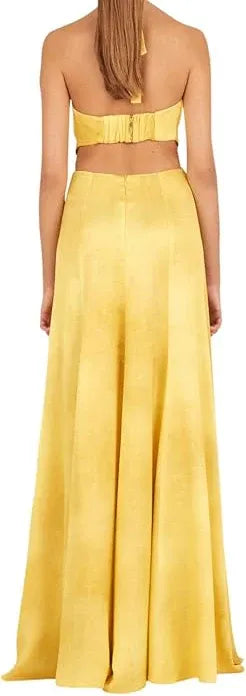 Vibrant A-line Halter Neck Sleeveless Cutout Yellow Maxi Prom Dress for Women Hot Sale