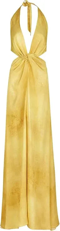 Vibrant A-line Halter Neck Sleeveless Cutout Yellow Maxi Prom Dress for Women Hot Sale