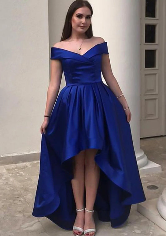 Vibrant A-line Off-the-Shoulder Sleeveless Satin Royal Blue High-Low Evening Dress For Women