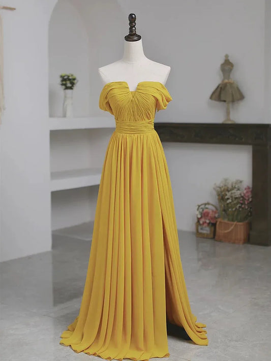 Vibrant A-line Off-the-shoulder Ruched Mustard Yellow Floor-length Prom Dress for Women Ready to Ship