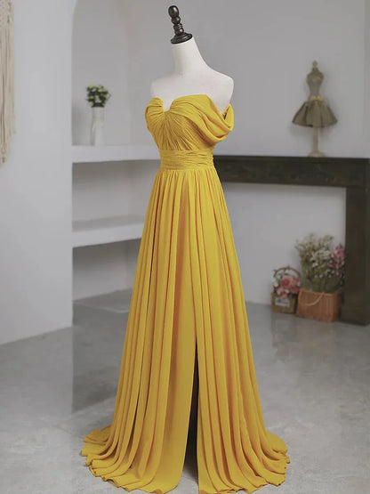 Vibrant A-line Off-the-shoulder Ruched Mustard Yellow Floor-length Prom Dress for Women Ready to Ship