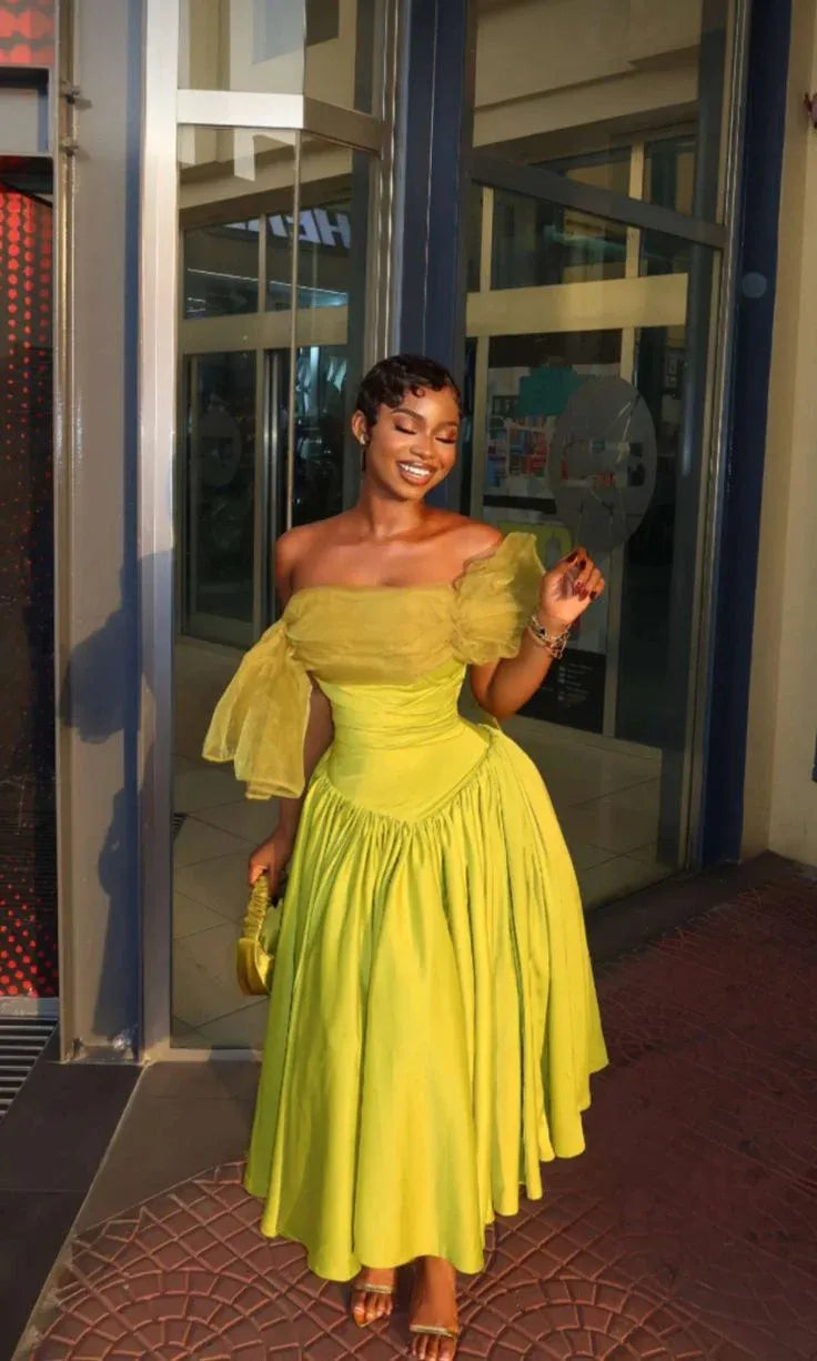 Vibrant A-line Off-the-shoulder Ruffled Chartreuse Midi Prom Dress for Women Hot Sale