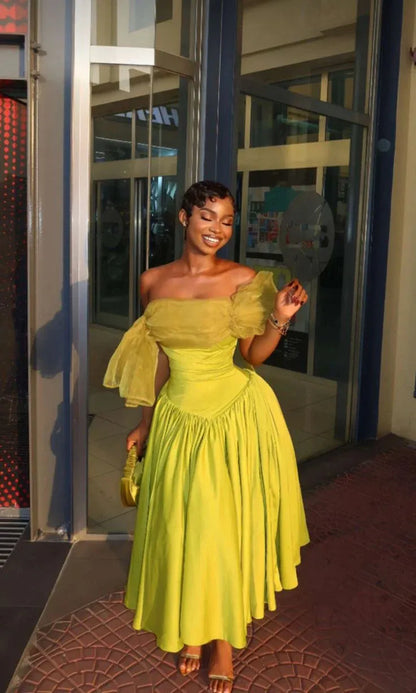 Vibrant A-line Off-the-shoulder Ruffled Chartreuse Midi Prom Dress for Women Hot Sale