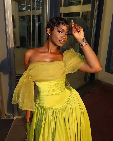 Vibrant A-line Off-the-shoulder Ruffled Chartreuse Midi Prom Dress for Women Hot Sale