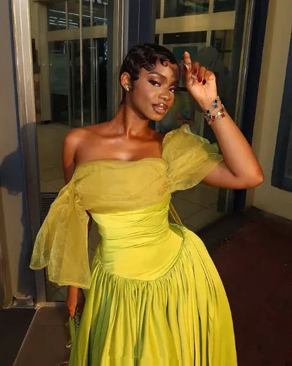 Vibrant A-line Off-the-shoulder Ruffled Chartreuse Midi Prom Dress for Women Hot Sale