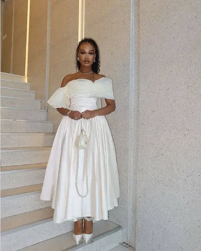 Vibrant A-line Off-the-shoulder Ruffled Chartreuse Midi Prom Dress for Women Hot Sale