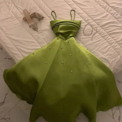 Vibrant A-line Spaghetti Ruched Lime Beaded Mini Party Dress For Sale
