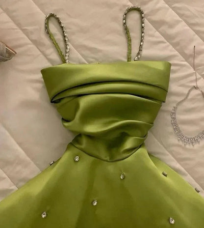 Vibrant A-line Spaghetti Ruched Lime Beaded Mini Party Dress For Sale