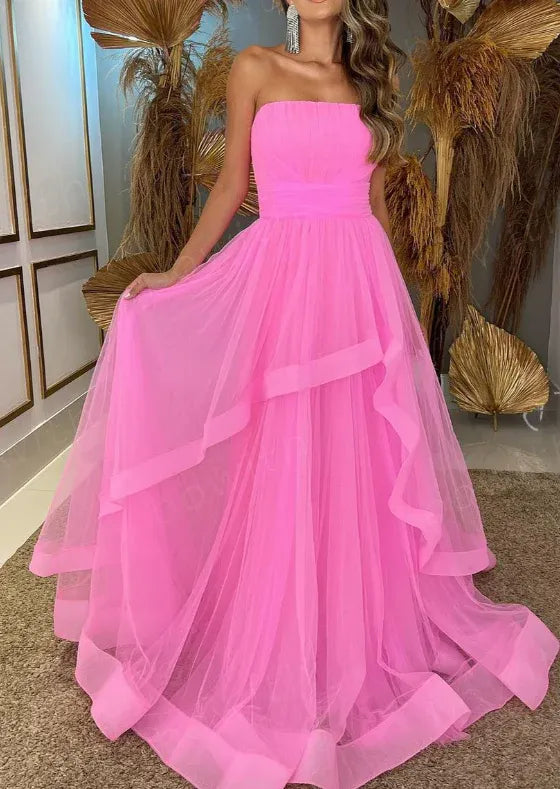 Vibrant Ball Gown Strapless Ruffled Hot Pink Floor Prom Dress For Sale