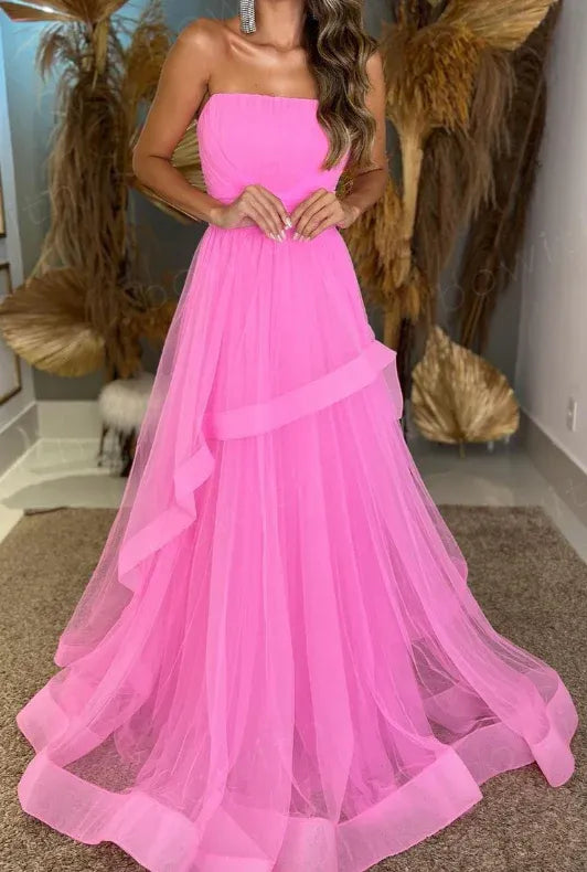 Vibrant Ball Gown Strapless Ruffled Hot Pink Floor Prom Dress For Sale