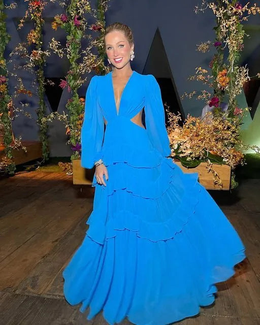 Vibrant Chiffon Maxi Evening Dress Cyan Deep V-Long Sleeve Formal Women