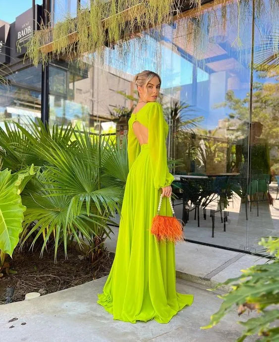 Vibrant Chiffon Maxi Evening Dress Neon Green Deep V Long Sleeves for Women