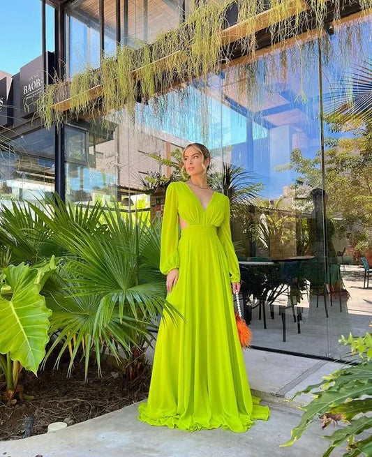 Vibrant Chiffon Maxi Evening Dress Neon Green Deep V Long Sleeves for Women