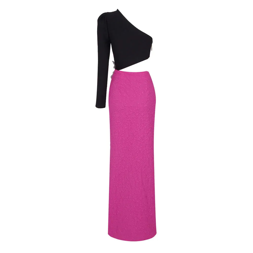 Vibrant Column One-Shoulder Cutout Flower-Accented Black & Hot Pink Maxi Prom Dress for Women ready to ship