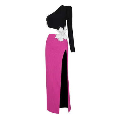 Vibrant Column One-Shoulder Cutout Flower-Accented Black & Hot Pink Maxi Prom Dress for Women ready to ship