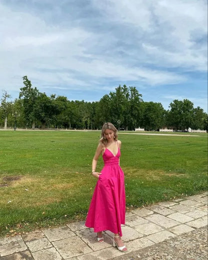 Vibrant Cotton-Blend Maxi Evening Dress Fuchsia Deep V-Spaghetti-Strap Formal Women