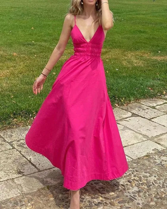 Vibrant Cotton-Blend Maxi Evening Dress Fuchsia Deep V-Spaghetti-Strap Formal Women