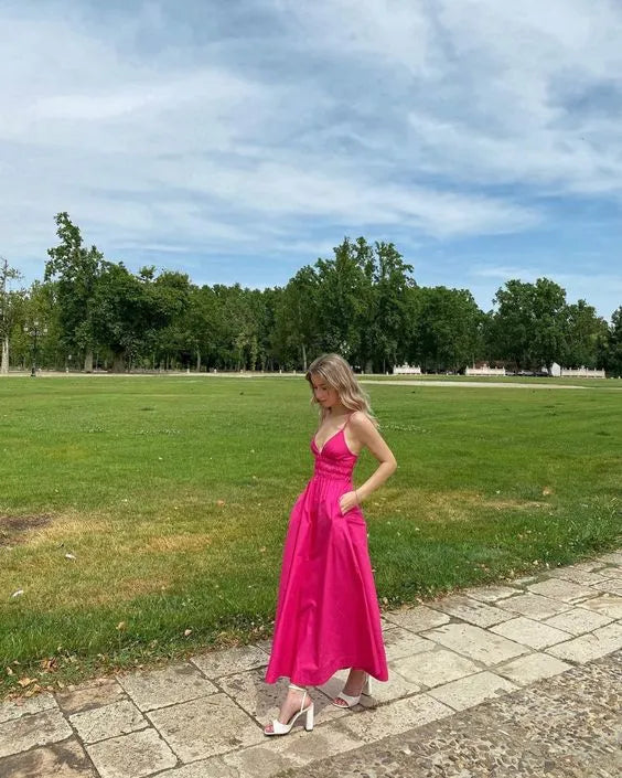 Vibrant Cotton-Blend Maxi Evening Dress Fuchsia Deep V-Spaghetti-Strap Formal Women