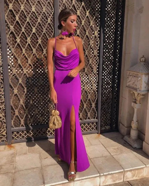 Vibrant Mermaid Cowl-Neck Sleeveless Cross-Back Crepe Magenta Maxi Evening Dress for Women