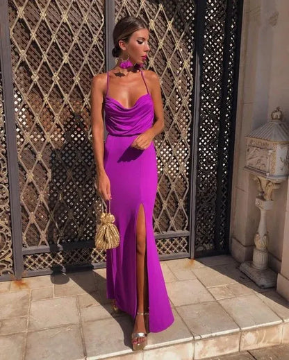 Vibrant Mermaid Cowl-Neck Sleeveless Cross-Back Crepe Magenta Maxi Evening Dress for Women