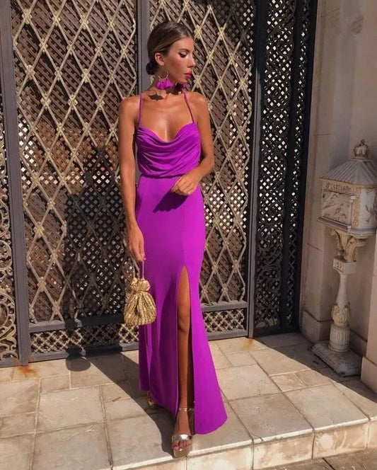 Vibrant Mermaid Cowl-Neck Sleeveless Cross-Back Crepe Magenta Maxi Evening Dress for Women