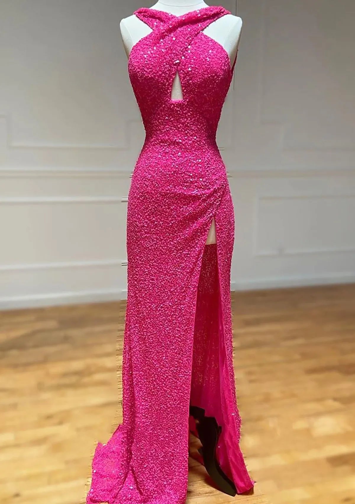 Vibrant Mermaid Halter Sleeveless Sequin Hot Pink Floor-Length Evening Dress For Women