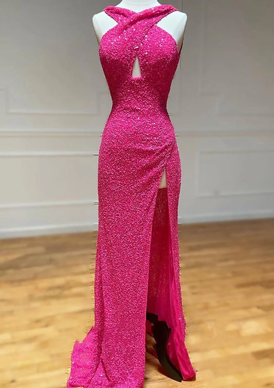 Vibrant Mermaid Halter Sleeveless Sequin Hot Pink Floor-Length Evening Dress For Women