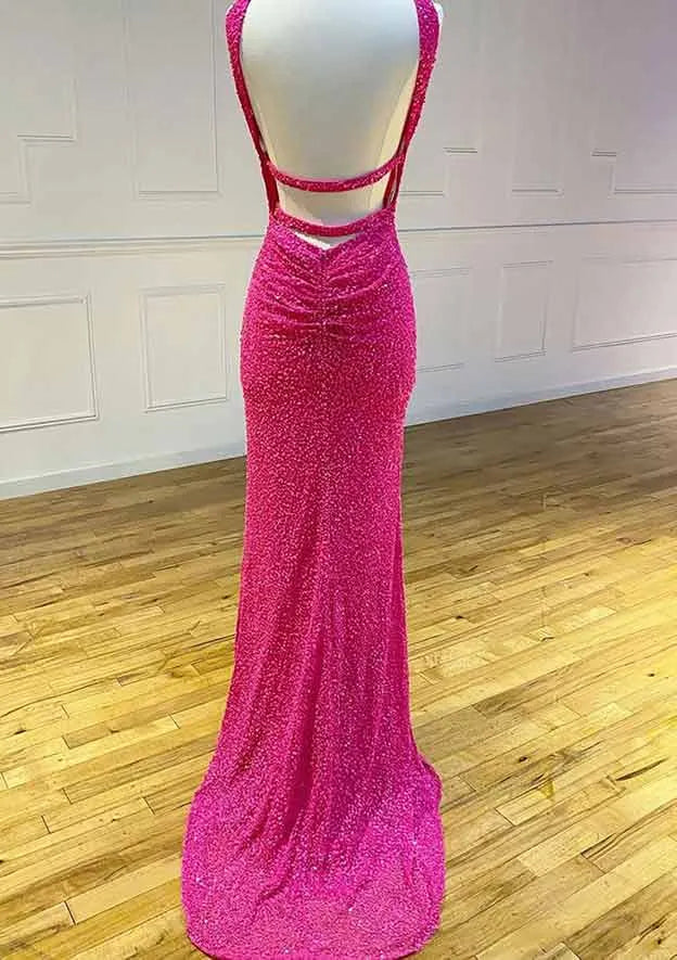 Vibrant Mermaid Halter Sleeveless Sequin Hot Pink Floor-Length Evening Dress For Women