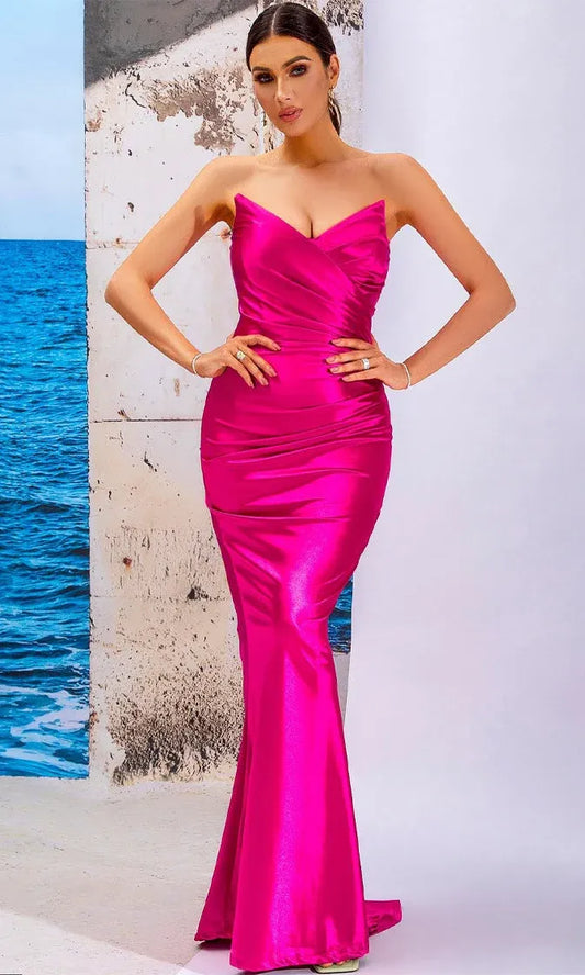 Vibrant Mermaid Strapless Satin Hot Pink Floor Length Prom Dress For Female Guests