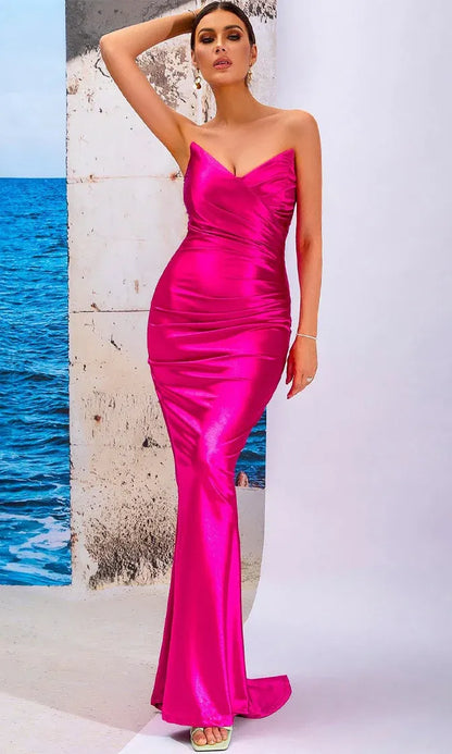 Vibrant Mermaid Strapless Satin Hot Pink Floor Length Prom Dress For Female Guests