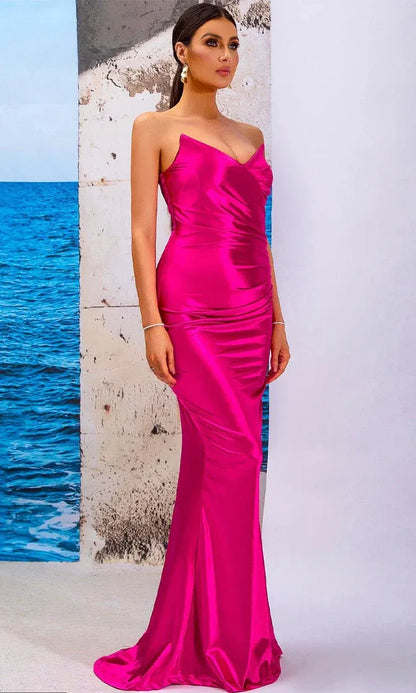 Vibrant Mermaid Strapless Satin Hot Pink Floor Length Prom Dress For Female Guests