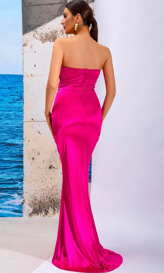Vibrant Mermaid Strapless Satin Hot Pink Floor Length Prom Dress For Female Guests