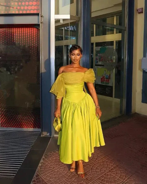 Vibrant Midi Ballgown Off-Shoulder Ruffled Satin Lime-Green Evening Dress for Women