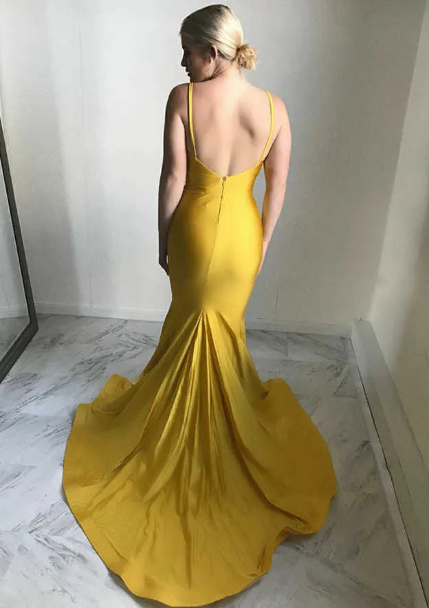 Vibrant Satin Floor-Length Evening Dress Mustard Yellow Deep V Spaghetti-Strap Women