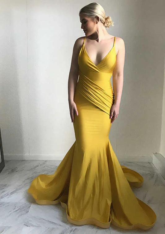 Vibrant Satin Floor-Length Evening Dress Mustard Yellow Deep V Spaghetti-Strap Women