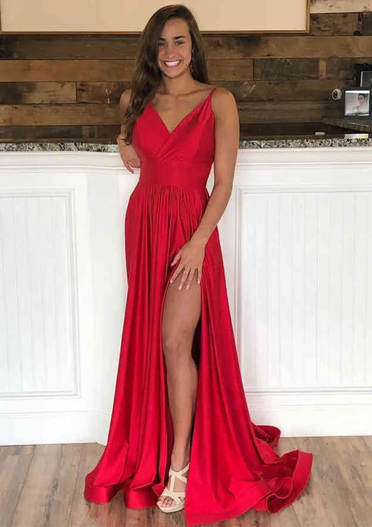 Vibrant Satin Floor-Length Evening Dress Red Deep V Spaghetti-Strap Women