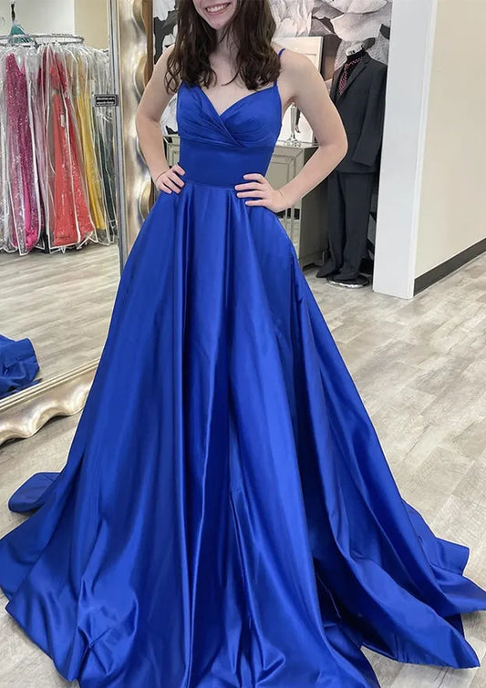Vibrant Satin Floor-Length Evening Dress Royal Blue Deep V Spaghetti-Strap Women