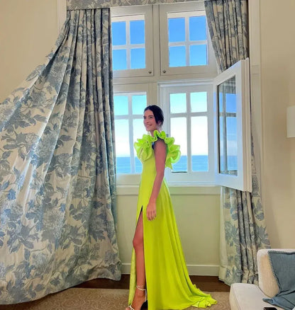 Vibrant Sheath Deep V Ruffled Chiffon Neon Yellow Maxi Evening Dress for Women