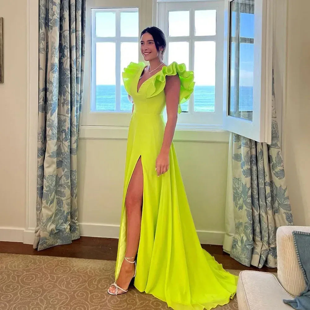 Vibrant Sheath Deep V Ruffled Chiffon Neon Yellow Maxi Evening Dress for Women
