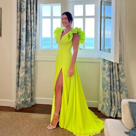 Vibrant Sheath Deep V Ruffled Chiffon Neon Yellow Maxi Evening Dress for Women