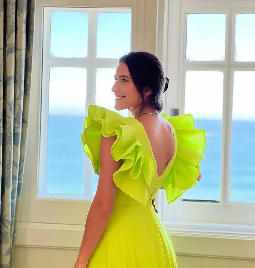 Vibrant Sheath Deep V Ruffled Chiffon Neon Yellow Maxi Evening Dress for Women