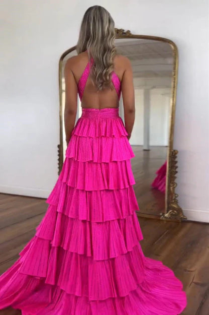 Vibrant Tiered Halter Glitter Hot Pink Floor-Length Party Dress