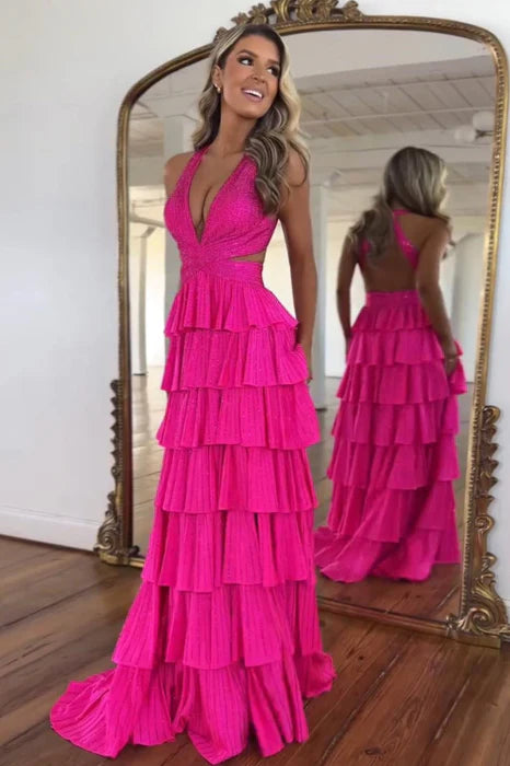 Vibrant Tiered Halter Glitter Hot Pink Floor-Length Party Dress