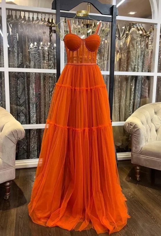 Vibrant Tiered Sweetheart Spaghetti-Strap Tulle Orange Maxi Prom Dress for Women For Sale